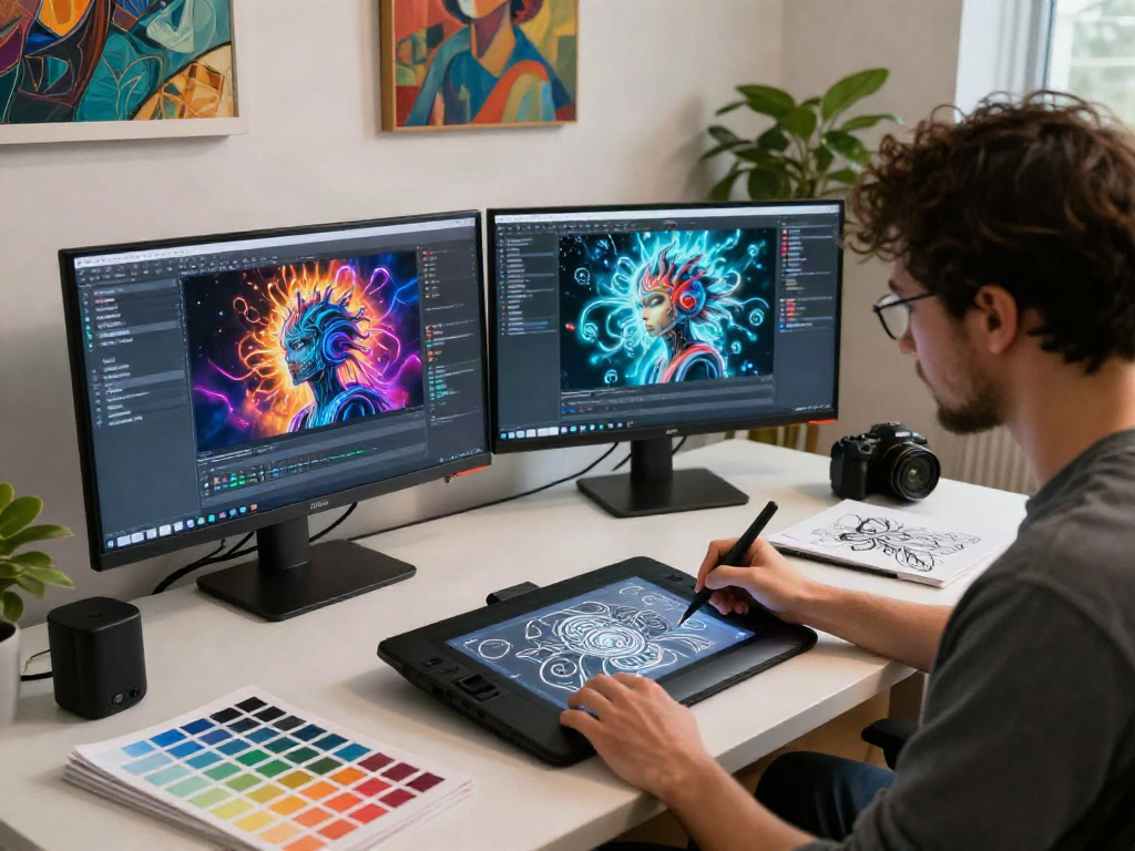 AI slut digital art studio with vibrant designs and innovative atmosphere