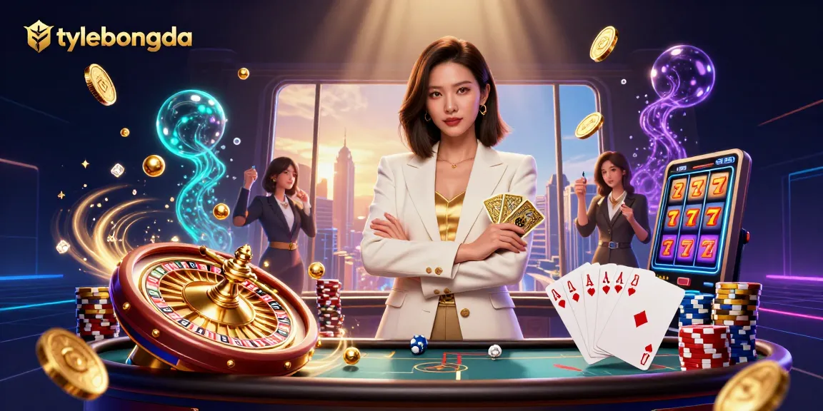 Exciting scene of tylebongda with a glamorous Asian woman holding golden cards, surrounded by festive casino elements.