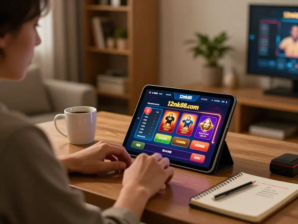 Engaging with casino games on 12nk88.com in a cozy home setting, showcasing strategic gameplay.