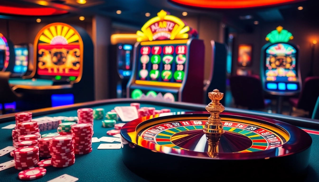 Experience thrilling moments at https://nohu90a.uk.com/, featuring an elegant casino table with vibrant chips and cards.