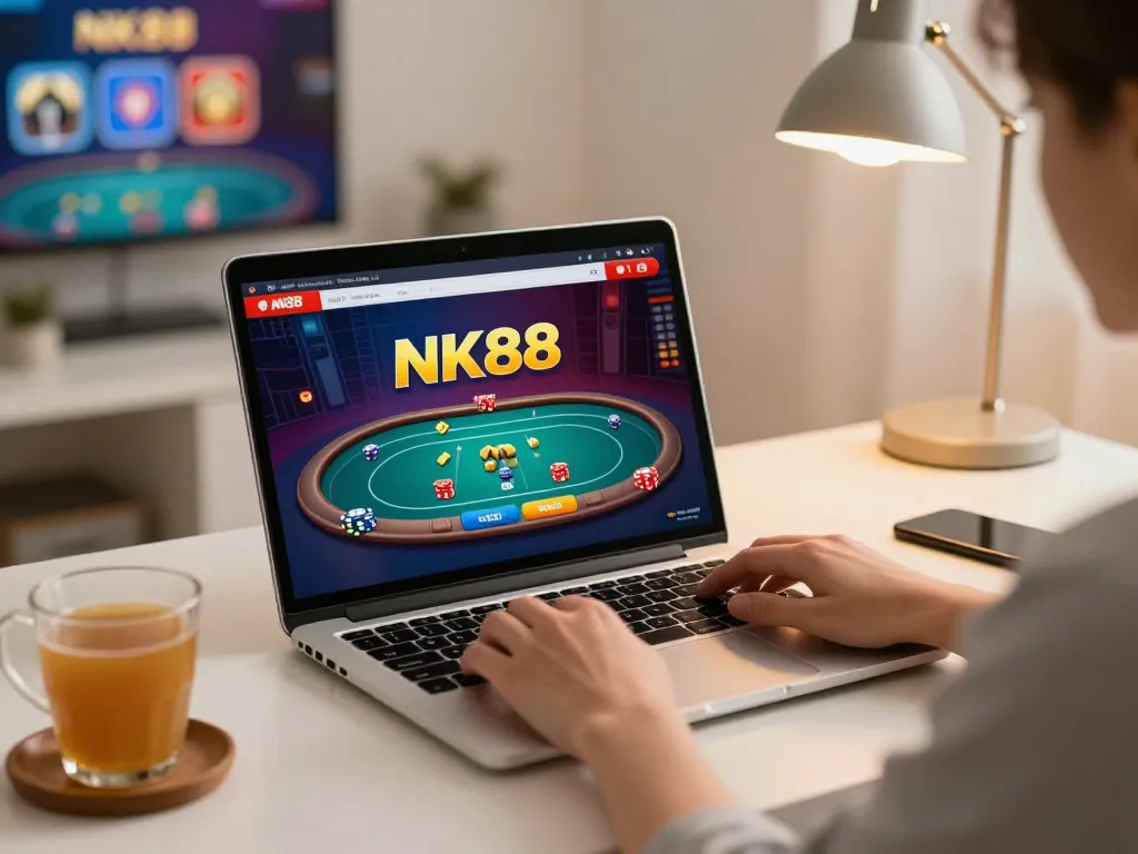 Engaged gambler using NK88 casino app on a laptop in a cozy home setup.