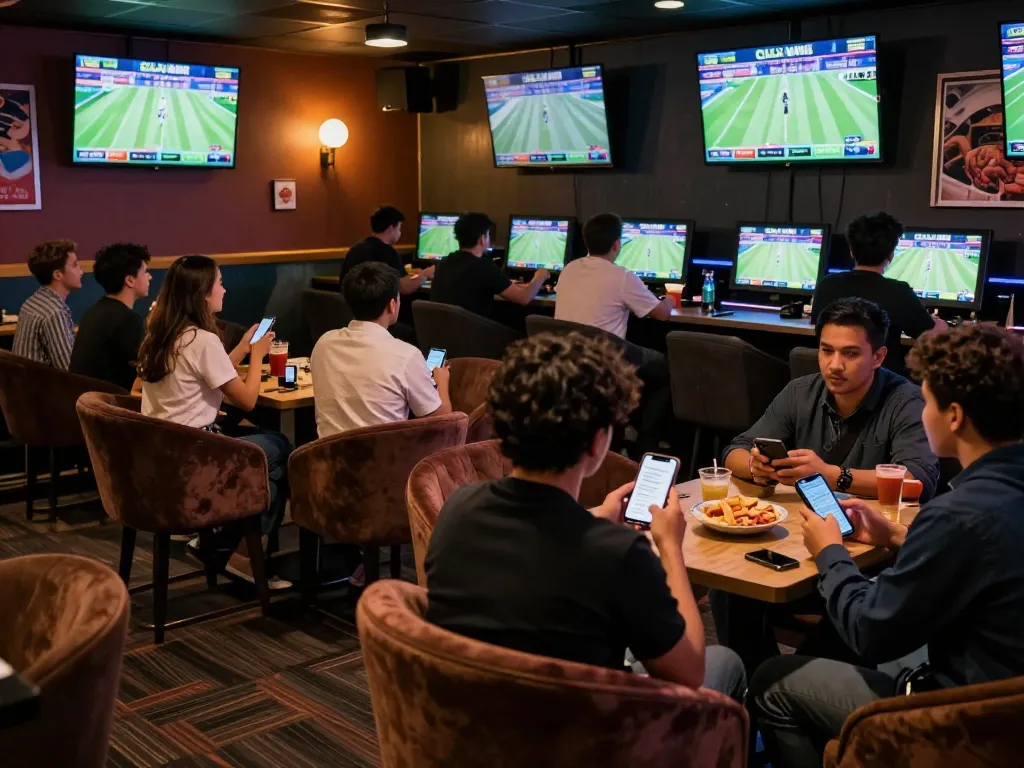 Fans engaging in live sports betting at a hit club lounge with screens and excitement.