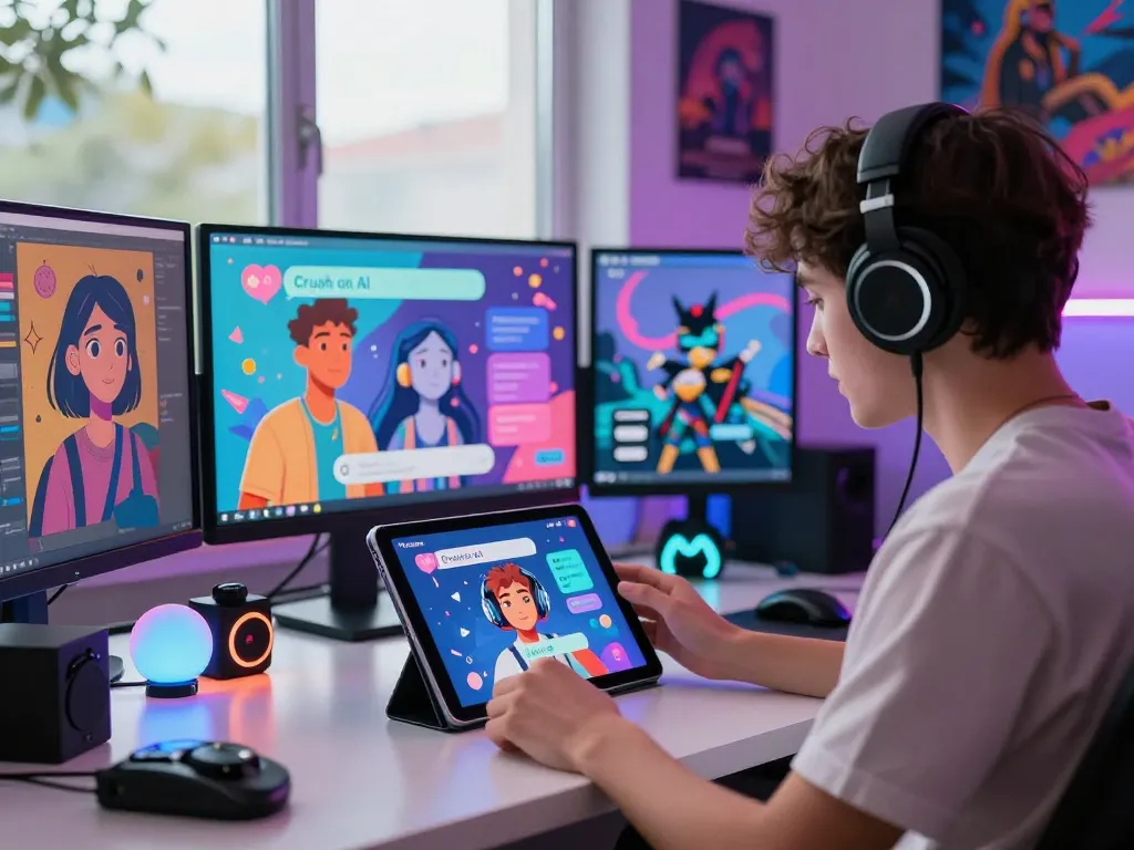 Youthful interaction with Crush on AI in a creative tech space, engaged in lively virtual chat.