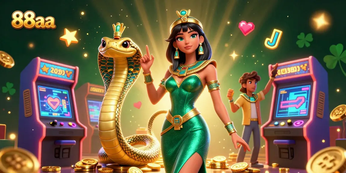 Play slots at 88aa, featuring vibrant game machines, golden cobra, and dazzling casino elements.