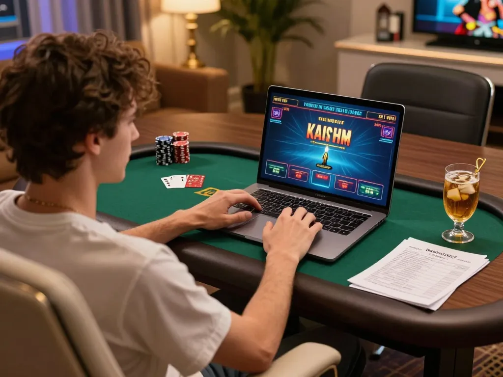 Experience online gambling excitement with alo789 in a stylish home setup, playing poker while managing bankroll.