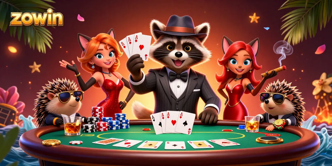 Engage in exciting casino gameplay with Zowin’s lively illustration featuring card games and dynamic characters.