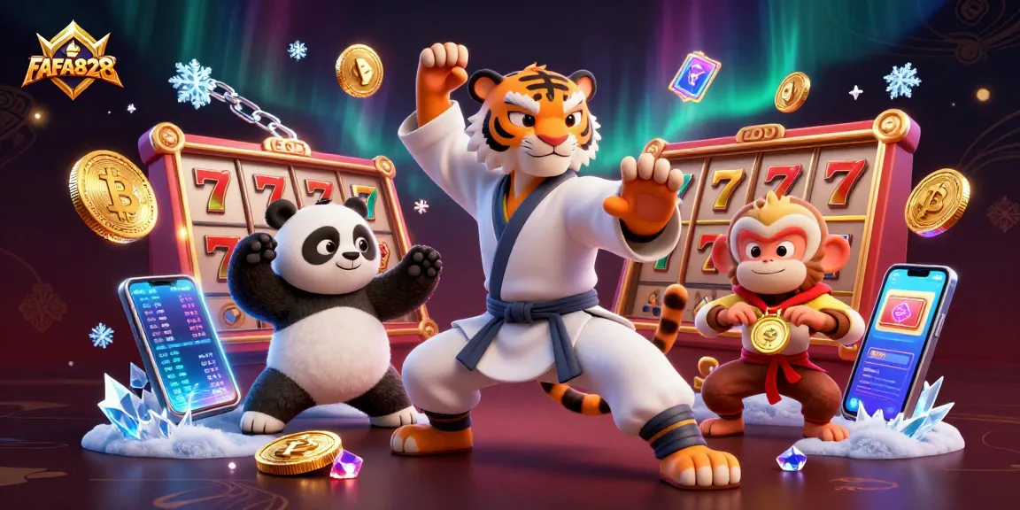 Experience FAFA828: A 3D cartoon kung fu tiger amidst slot games and crypto elements.