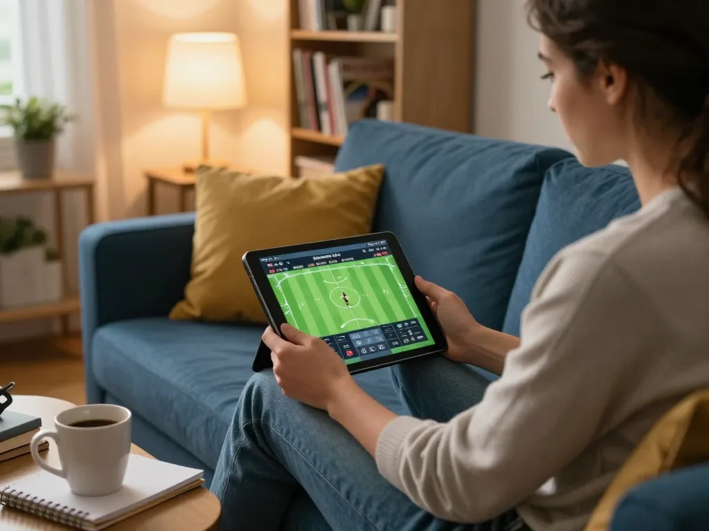 Engaging in online sports betting on tablet as keo nha cai strategies unfold in a cozy home atmosphere.