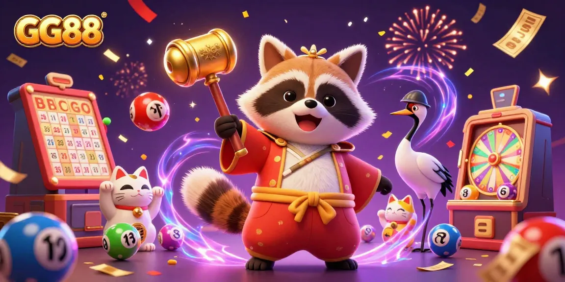 GG88 engaging in vibrant casino festivities with tanuki, lucky mallet, and animated lottery elements