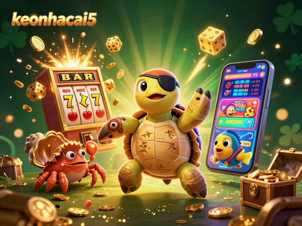 Join the exciting world of keonhacai5 with a dynamic casino scene featuring treasure and gaming symbols.
