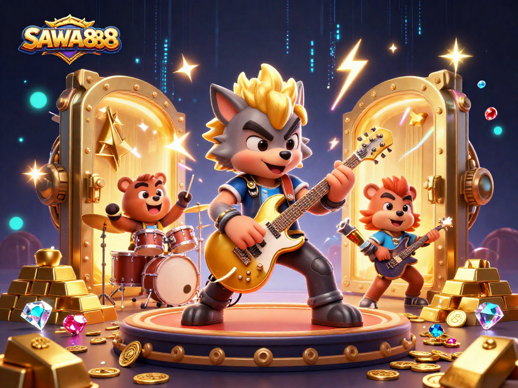 Experience excitement at SAWA888 with dynamic casino action, featuring a thrilling wolf rockstar.