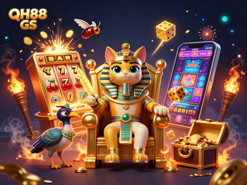 Experience the vibrant world of QH88 GS with a stunning 3D casino illustration of an Egyptian pharaoh cat.