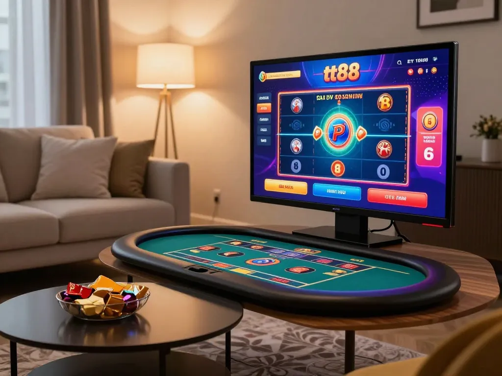 Player engaging with tt88 casino app on tablet in a cozy home setting