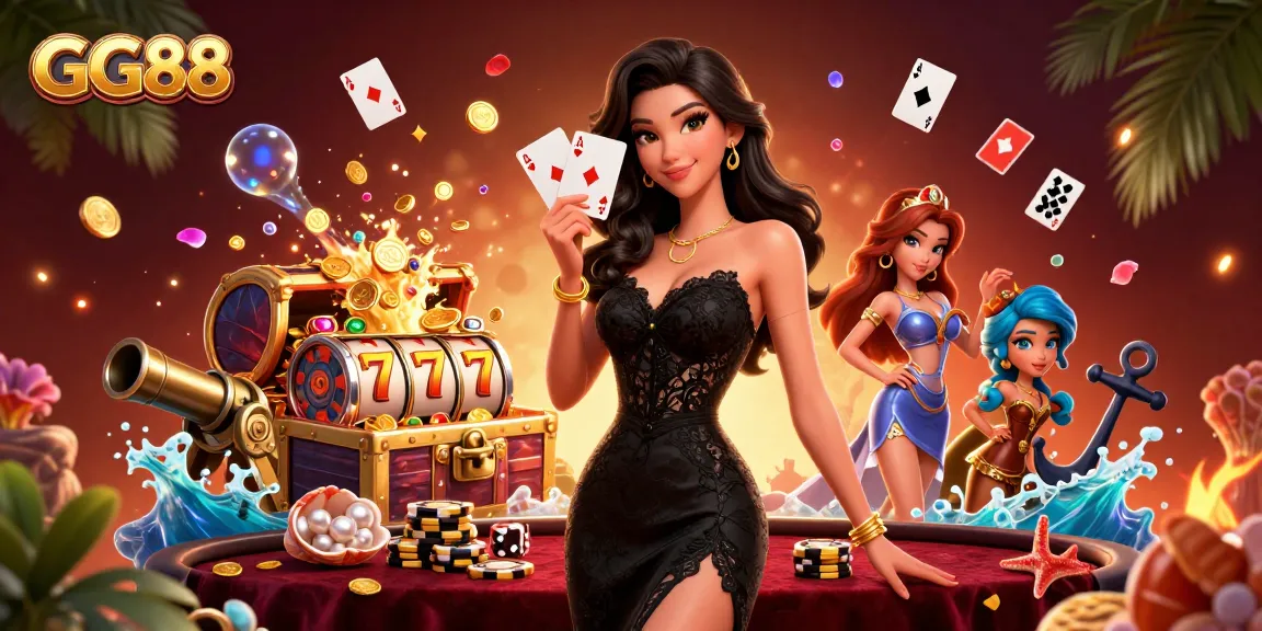 Experience the thrill of GG88 with a photorealistic Asian woman holding playing cards amidst an explosion of gaming elements.
