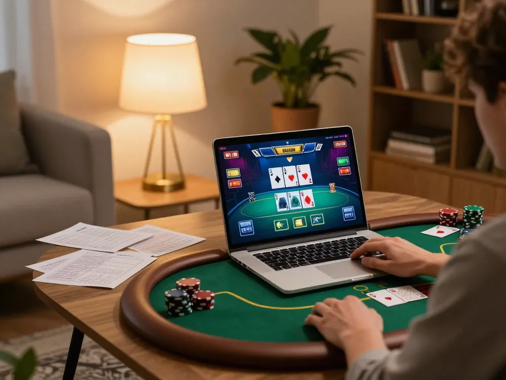 Engaging poker gameplay on 789club in a cozy home setting with detailed betting notes.