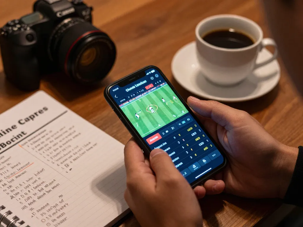 Engaging scene of online sports betting showing tỷ lệ bóng đá kèo nhà cái on a smartphone in a cozy home setting