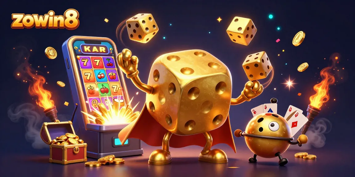 Zowin8 showcases an exciting 3D casino scene with golden dice and dynamic slot game elements.