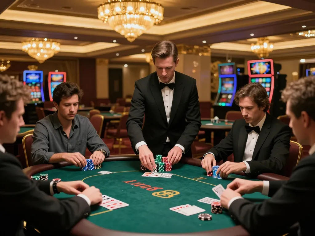 Luck8 players engaged in a high-stakes poker game in an elegant casino setting, showcasing excitement and intense focus.