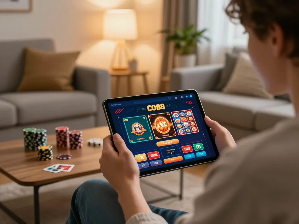 Player strategizing with CO88 online casino app on tablet in cozy home setting