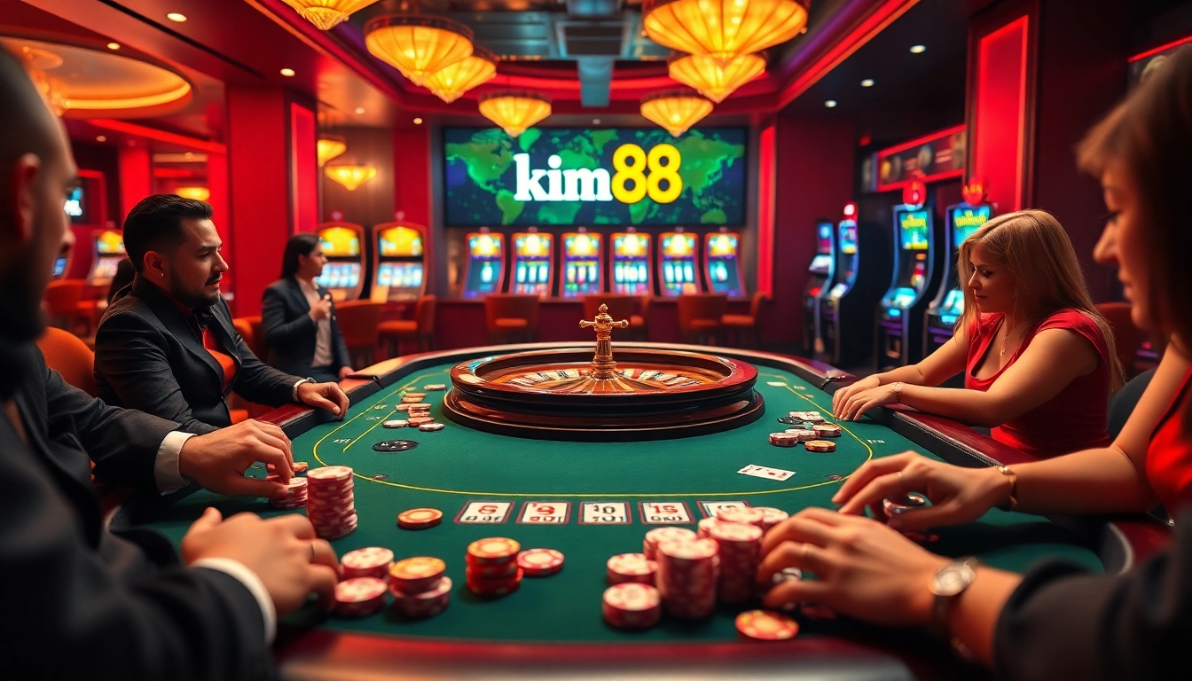 Enjoying a game of poker at nhà cái kim88, showcasing luxurious casino elements and vibrant visuals.