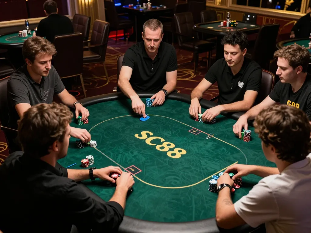 Engaging SC88 poker strategy in action at a vibrant casino table with players deep in thought