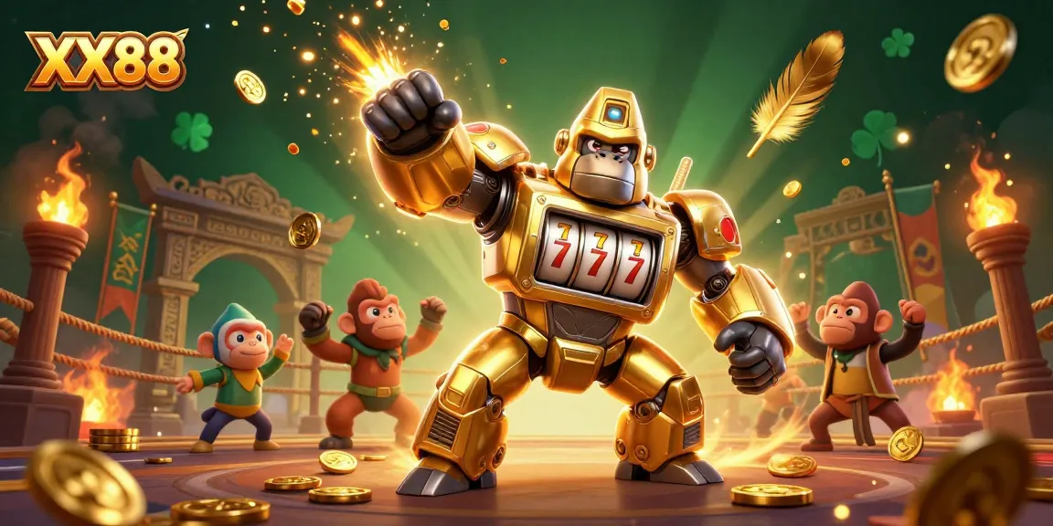 Experience thrilling wins at XX88 with a dynamic 3D illustration of a golden gorilla mech and exciting gaming elements.