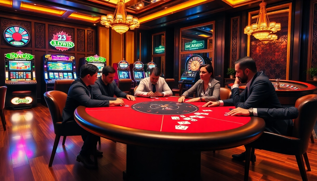 33WIN poker players strategizing with chips and cards in a vibrant casino atmosphere