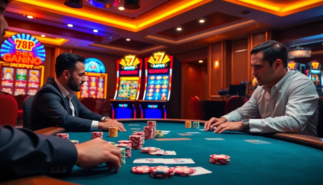 Engaged poker players at a high-stakes table, showcasing 789P’s luxury casino experience.