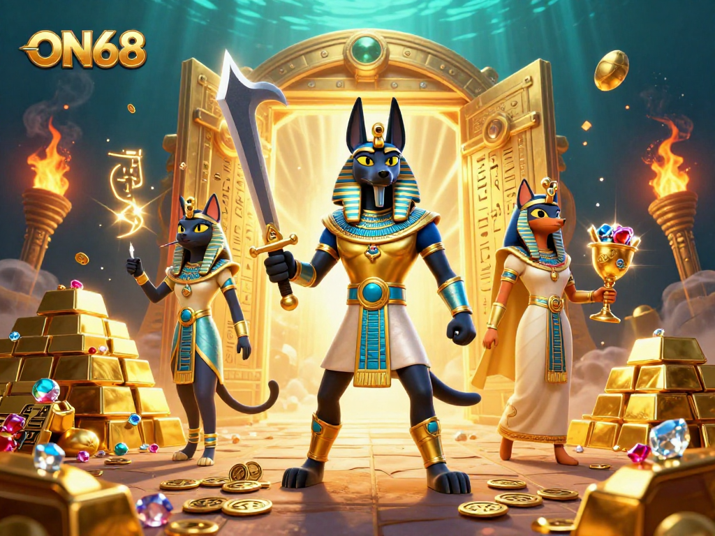 Experience the thrill of ON68 with Anubis overseeing a treasure-filled casino adventure.