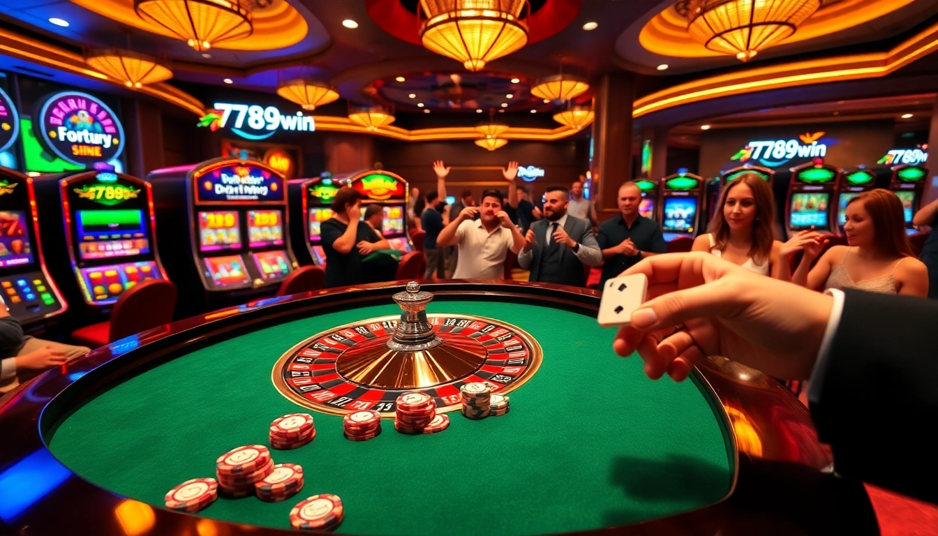 Feeling the excitement of winning at 789win's luxurious casino table surrounded by vibrant gaming elements.