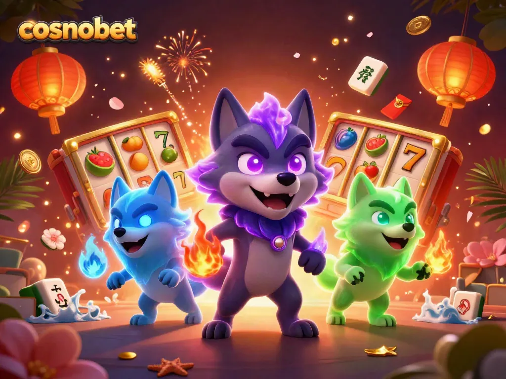 Play vibrant slots at cosmobet with cartoon wolves leading a dynamic casino scene.