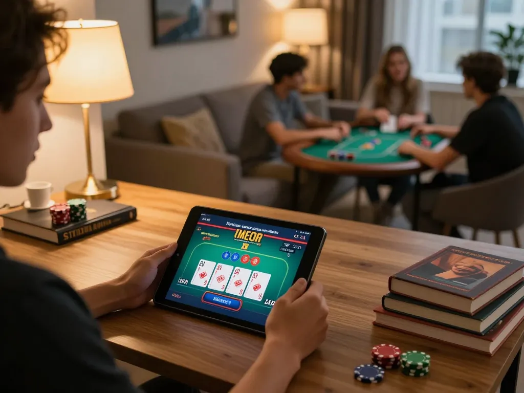 Engaging online poker gameplay at home with ATQ az88 gaming interface visible on tablet screen