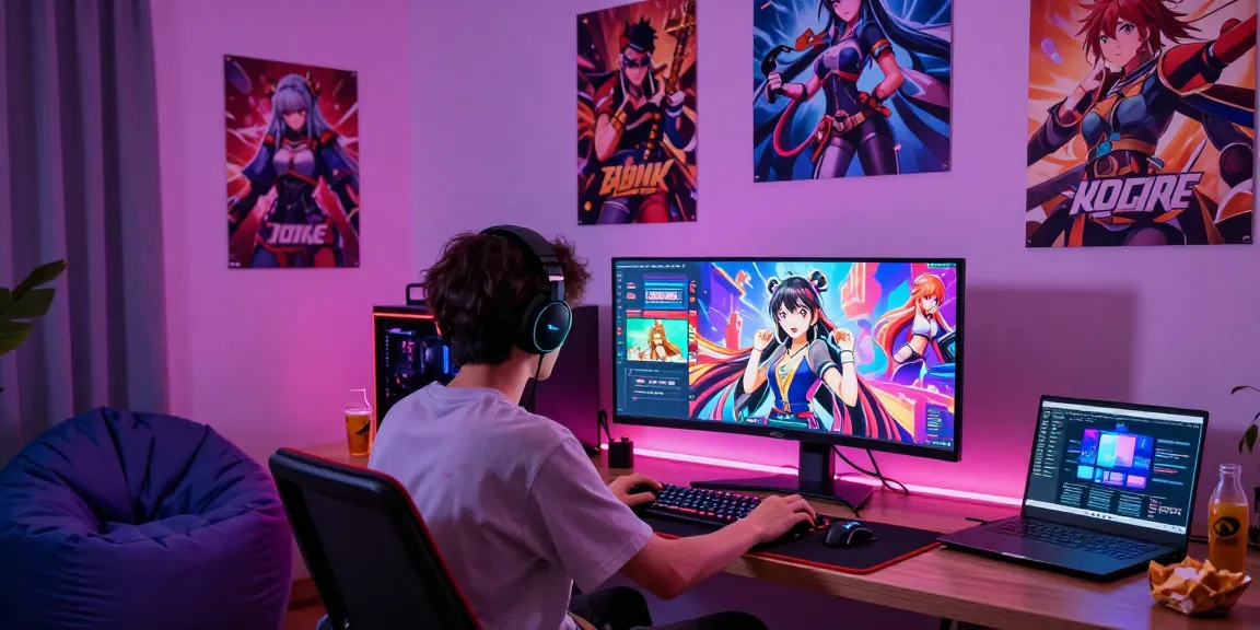 Engaged gamer exploring hentai games online in a vibrant gaming space with immersive lighting and accessories.