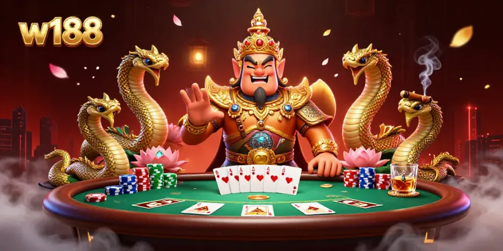 Experience thrilling gameplay at w188 with a 3D illustration of vibrant casino elements and characters.