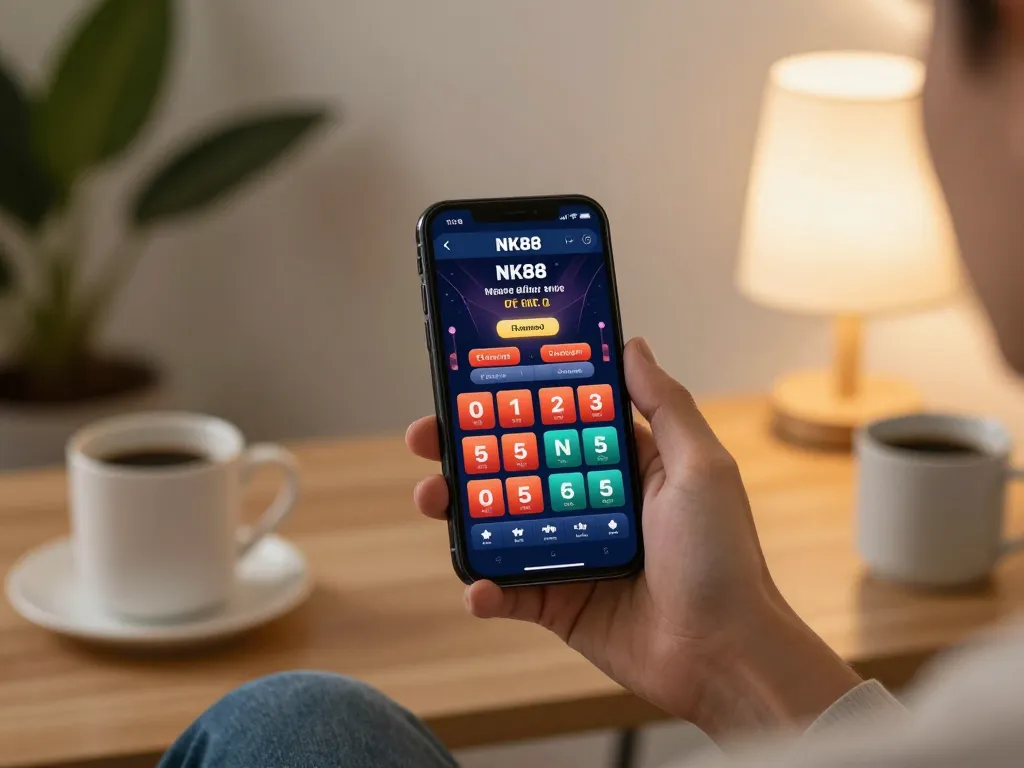 Engaging with the NK88 app for online gambling, showcasing user-friendly interface in a cozy home setting.
