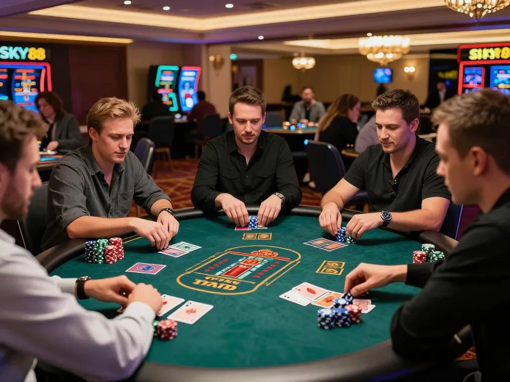 Players enjoying an exciting SKY88 game at a casino table, with colorful chips and a dealer managing the game.