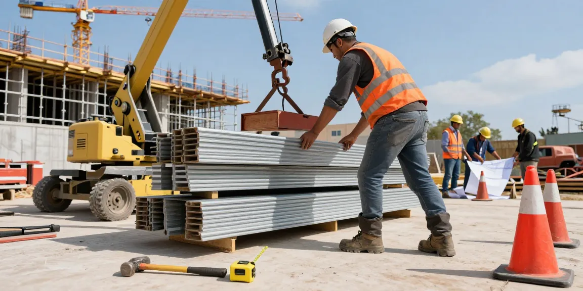 Worker demonstrating durability and comfort in upower safety shoes while on a busy construction site.