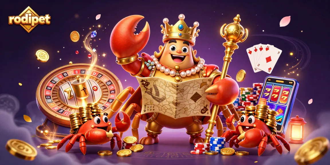 Experience thrilling games with rodipet as golden coins and slot reels fill the casino scene.
