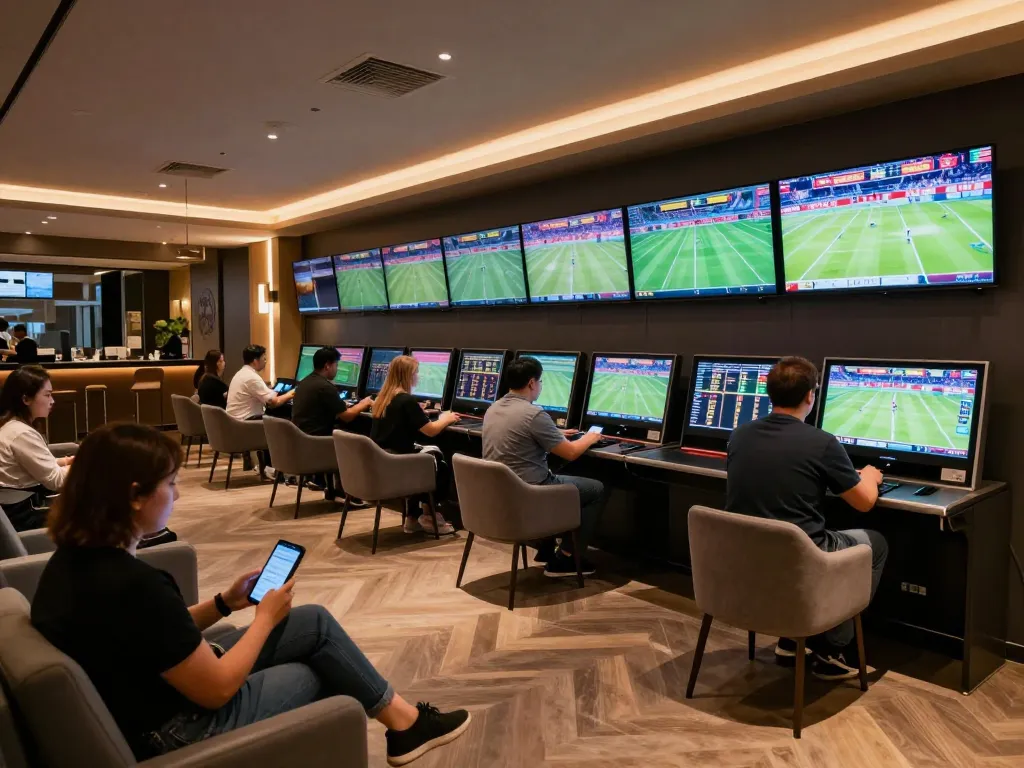 Bong88 patrons actively placing bets in a vibrant sports betting lounge