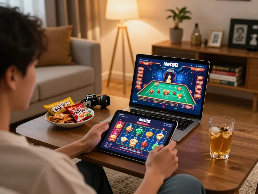 Players engaging with Net88 mobile games in a cozy gaming setup with snacks and strategy books.