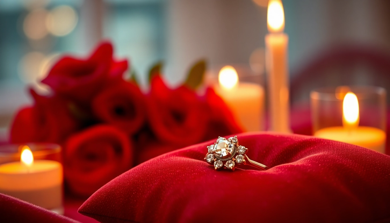 Romantic Valentine’s Day engagement rings UK showcased elegantly with candlelight and roses.