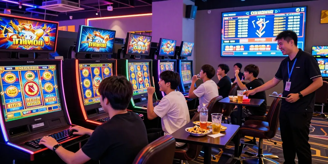 Exciting gaming lounge with players engaging in slot online machines under neon lights