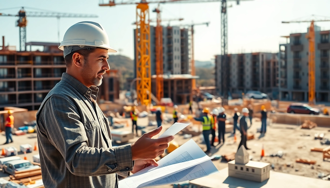 New Jersey Construction Manager directing a lively construction site with blueprints and workers.