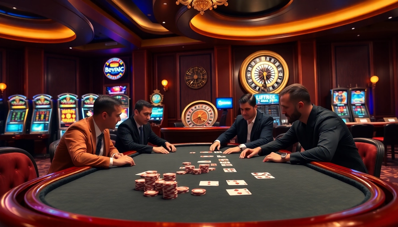 Engaged players strategizing at a luxurious poker table inspired by https://bem88.com.