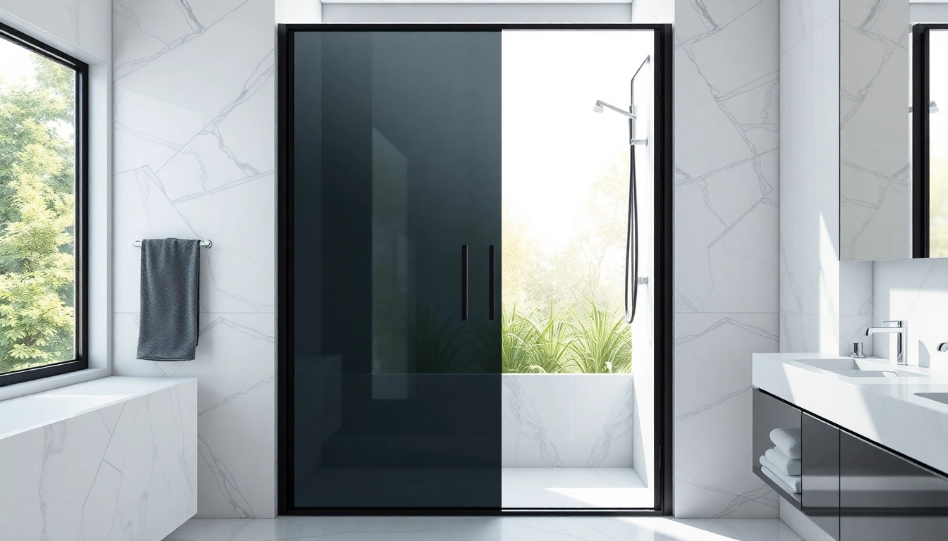 Elegant black shower door featured in a luxurious bathroom design.