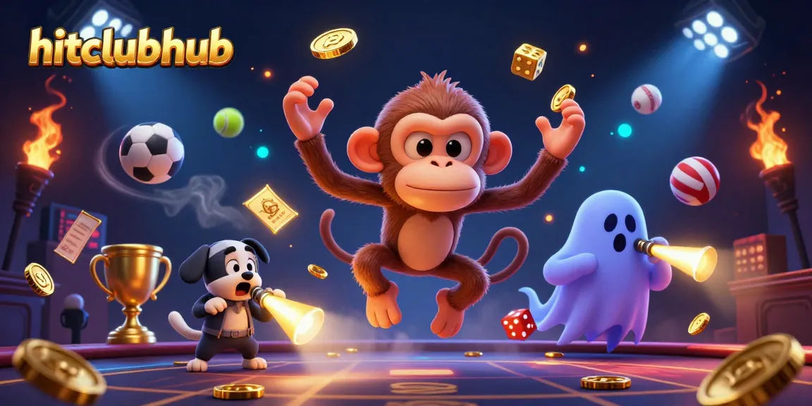 Engage with hitclubhub's thrilling gaming atmosphere featuring a playful poltergeist monkey and a curious puppy exploring a dynamic casino scene.