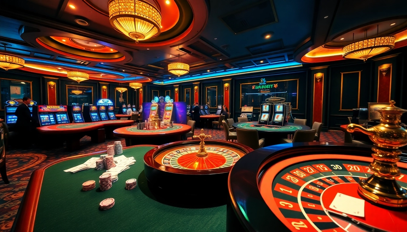 Exciting casino atmosphere at fun88.com with vibrant tables and cheerful gamblers.