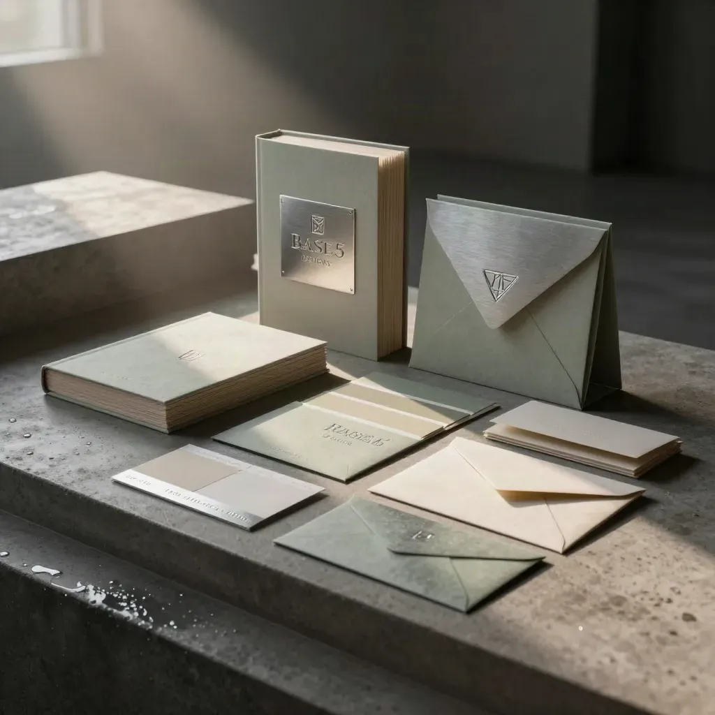 Moody dawn still-life of brand design materials in a stone studio after rain