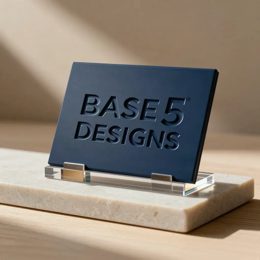 Die-cut brand mark plaque, embossed cards and acrylic blocks on a pale stone plinth in warm window light.