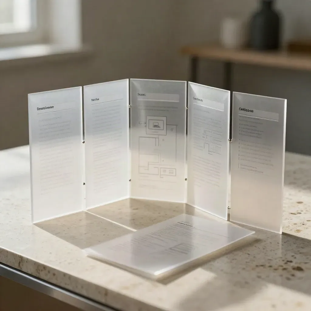 Macro of translucent website planning cards and a miniature sitemap on pale travertine.